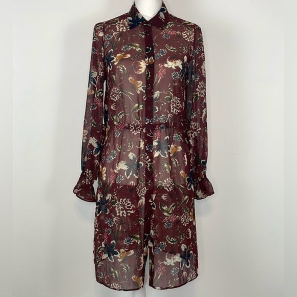 Zara Basic Maroon Floral Semi Sheer Long Cardigan Length Blouse. Size XS - Picture 16 of 16